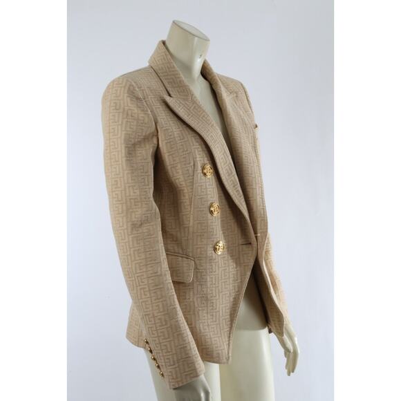 Balmain Beige Logo Jacquard Cotton Twill Double Breasted Blazer Jacket Size 40 - Picture 9 of 16